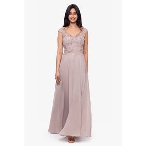"SANDRA" LONG BEADED TOP CHIFFON SKIRT DRESS Taupe Size 8 $289 retail (b8)